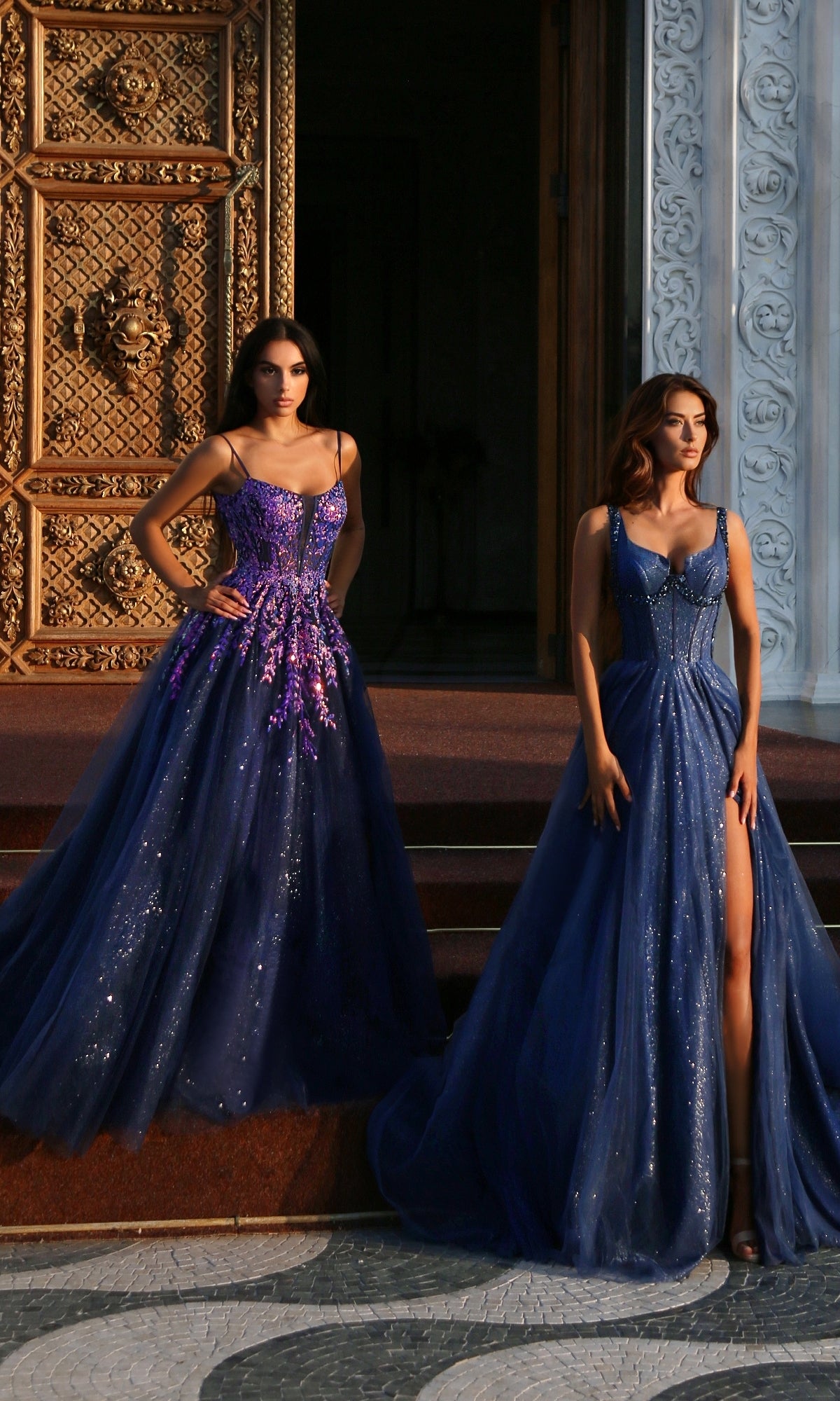Two women in Tina Holly TE216B long formal dresses with elegant floral appliques pose before ornate golden doors and a decorative white wall.